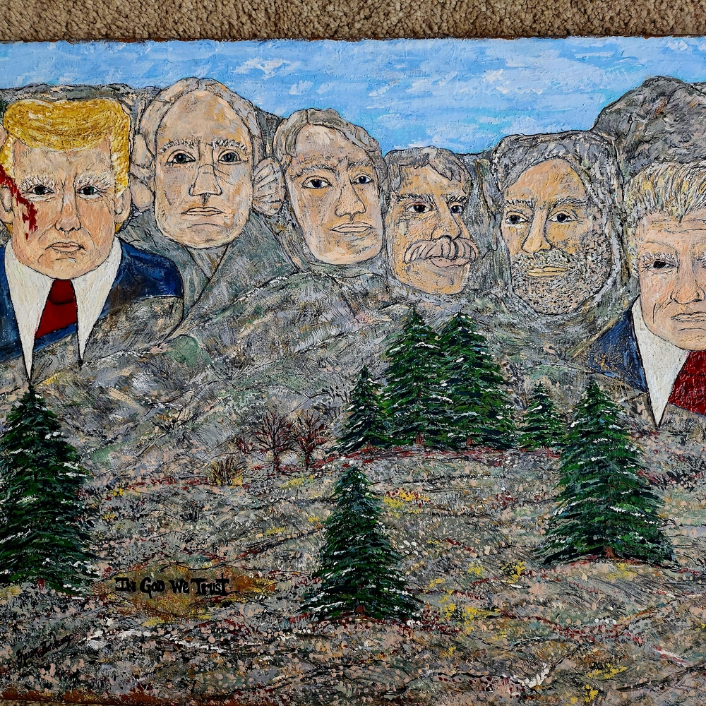 Gray and Green Painting of Modern Political Figures on Mount Rushmore
